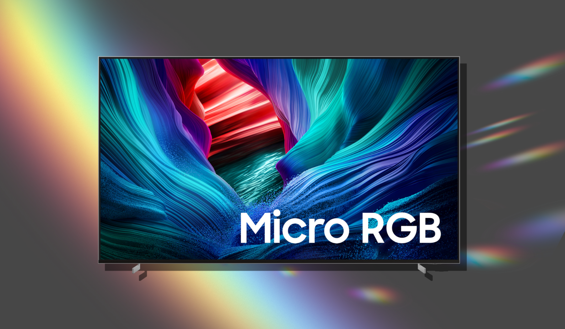 Samsung Micro RGB TV on gray backdrop with reflecting chromatic light