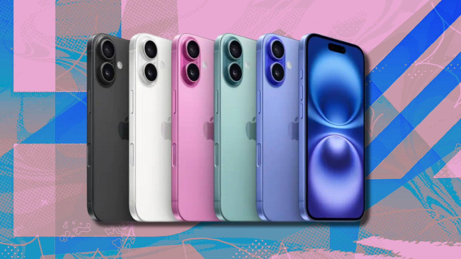 several Apple iPhone 16s lined up with colorful background