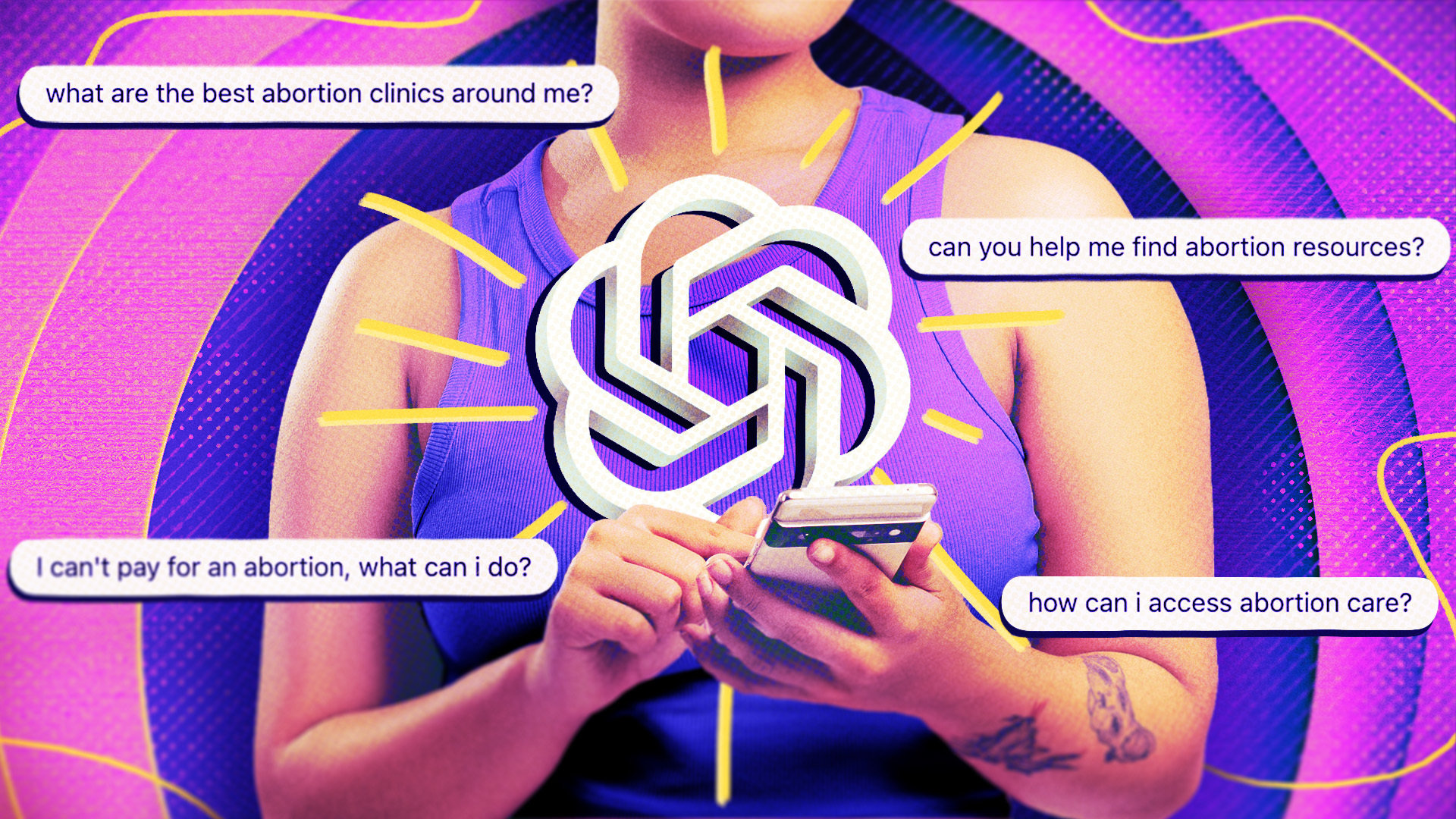 A collage featuring a person holding a phone, surrounded by large text bubbles with questions about getting an abortion.