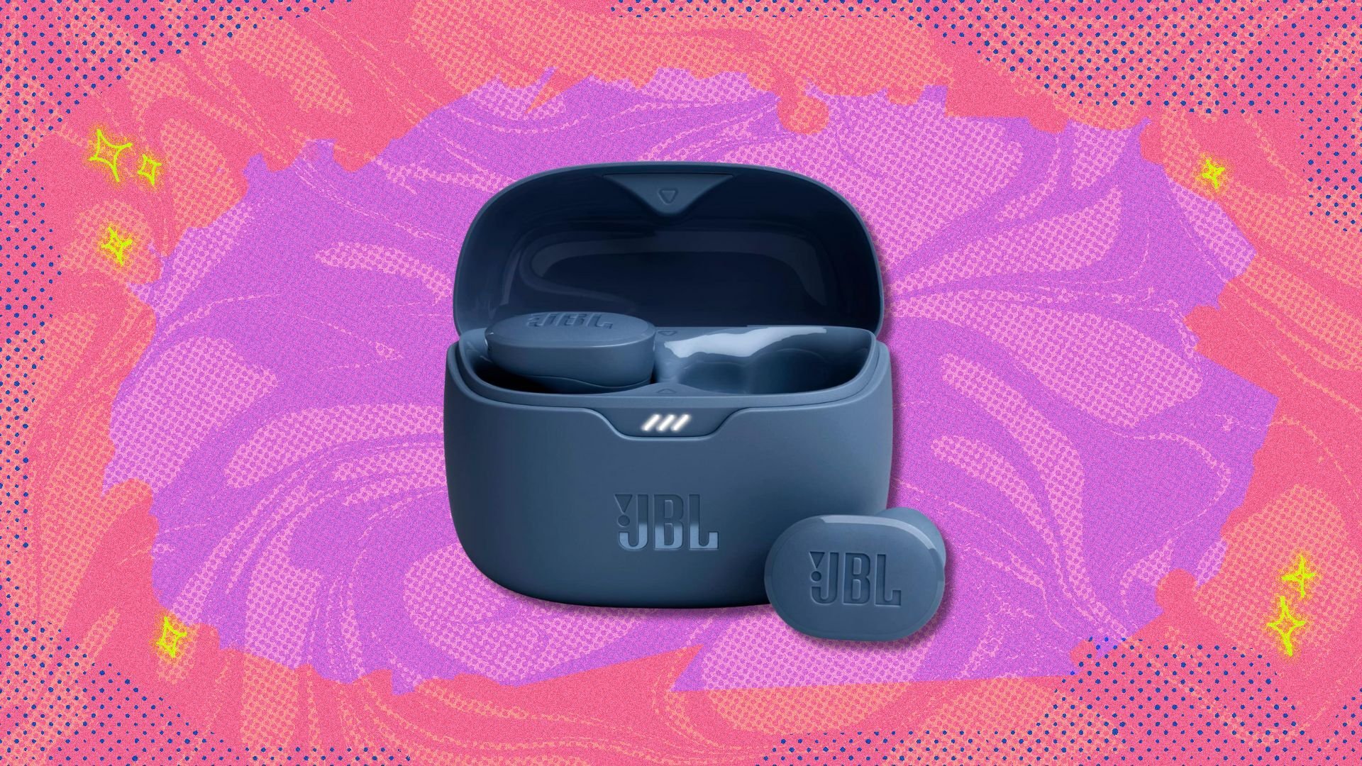 jbl tune buds in a case against a pink and purple patterned background