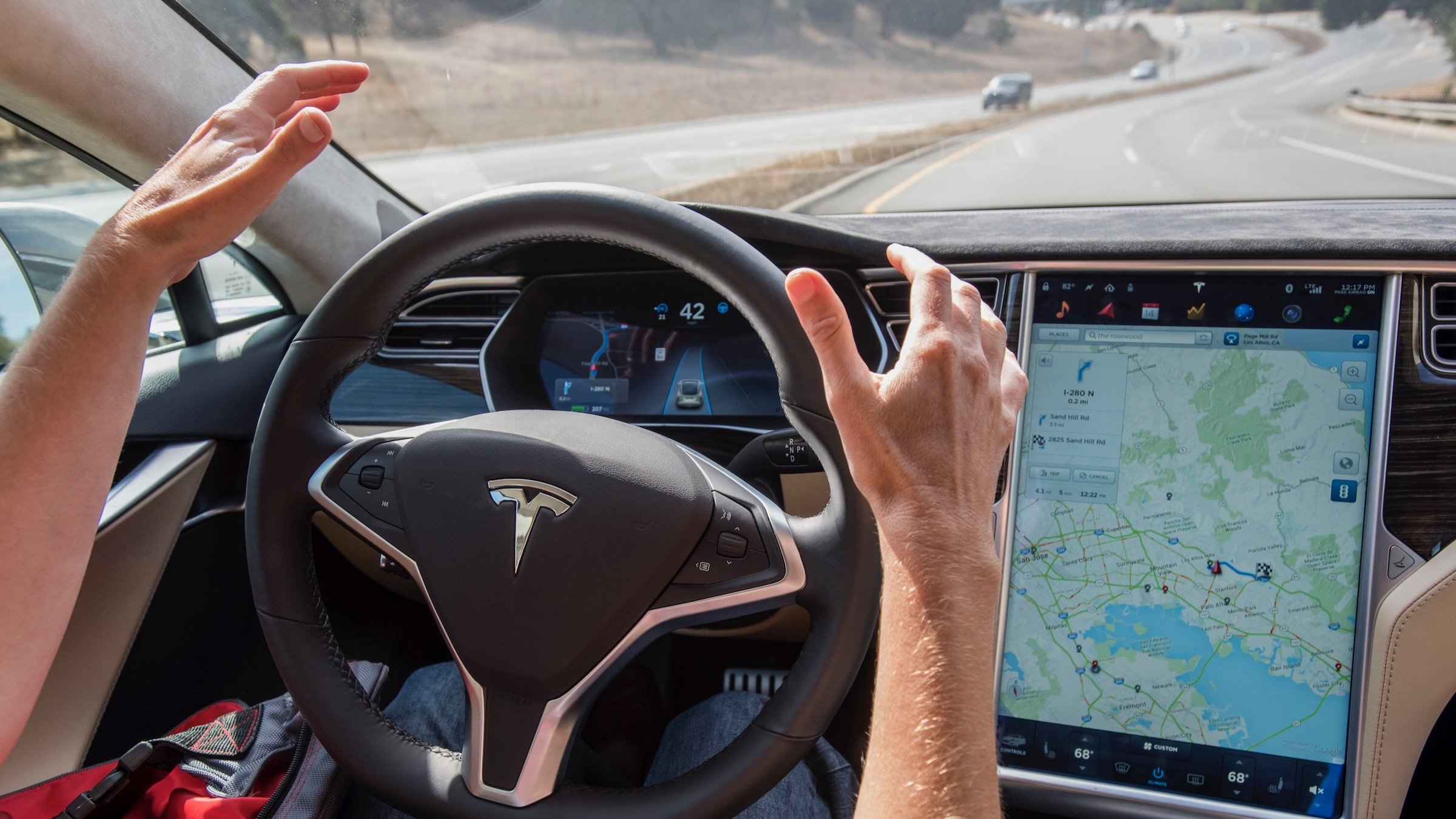 test drives a Tesla Motors Inc. Model S car equipped with Autopilot on a california road