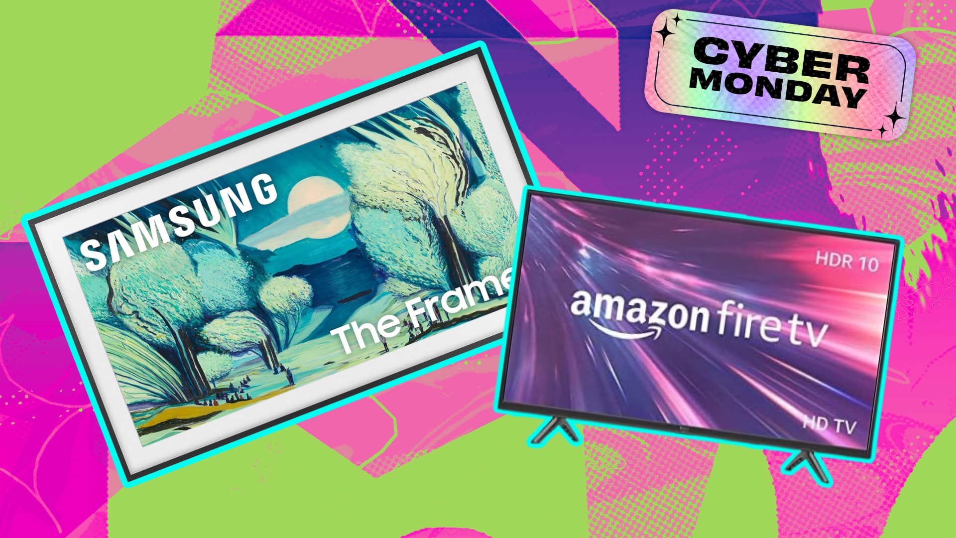 A samsung and amazon TV against a color background. 