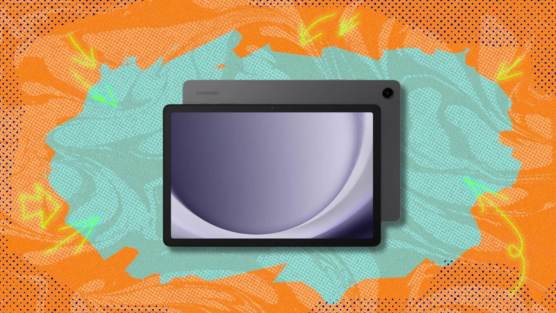 samsung galaxy tab a9+ tablet against a blue and orange patterned background