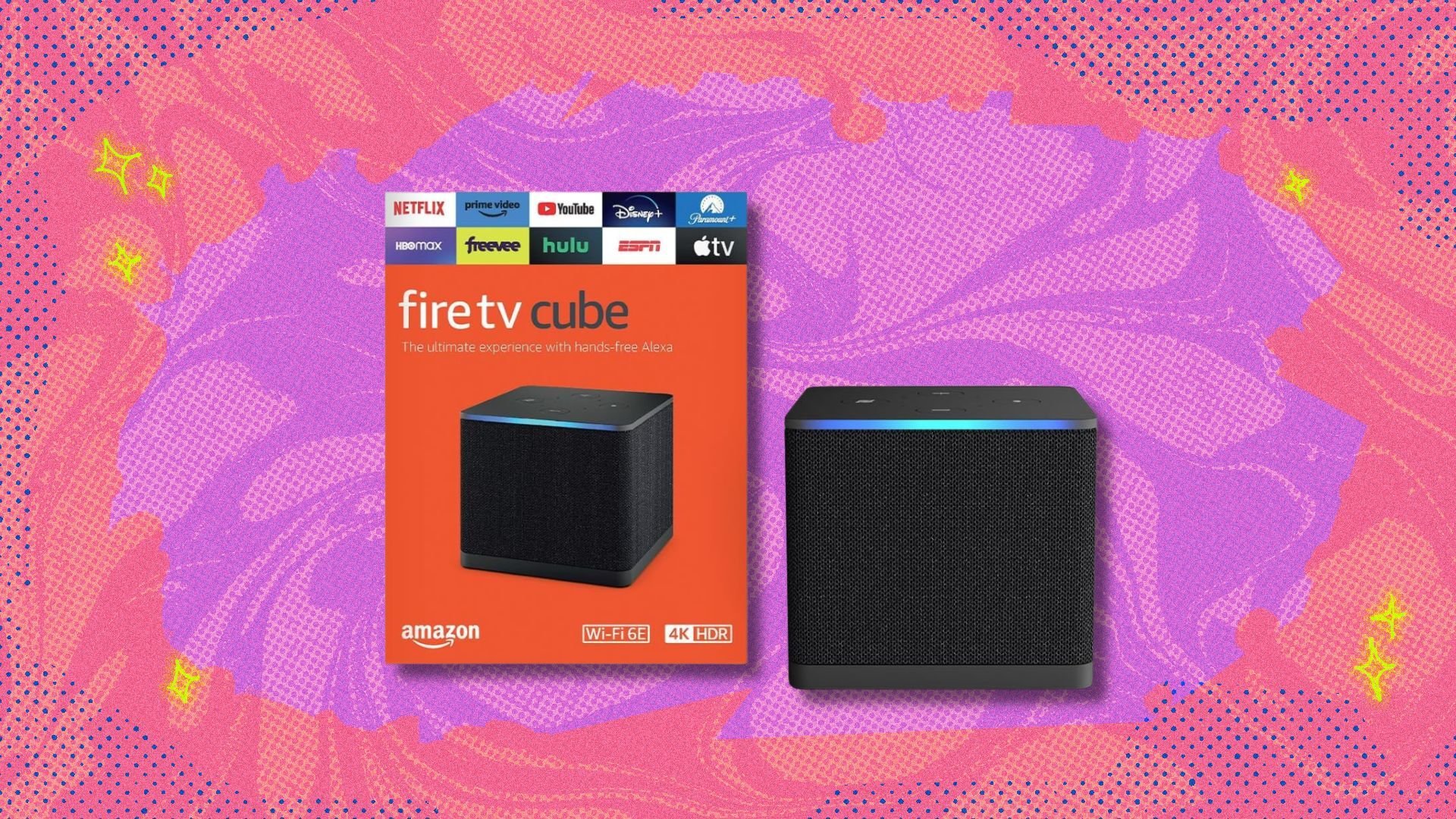 fire tv cube and box against a pink and purple patterned background