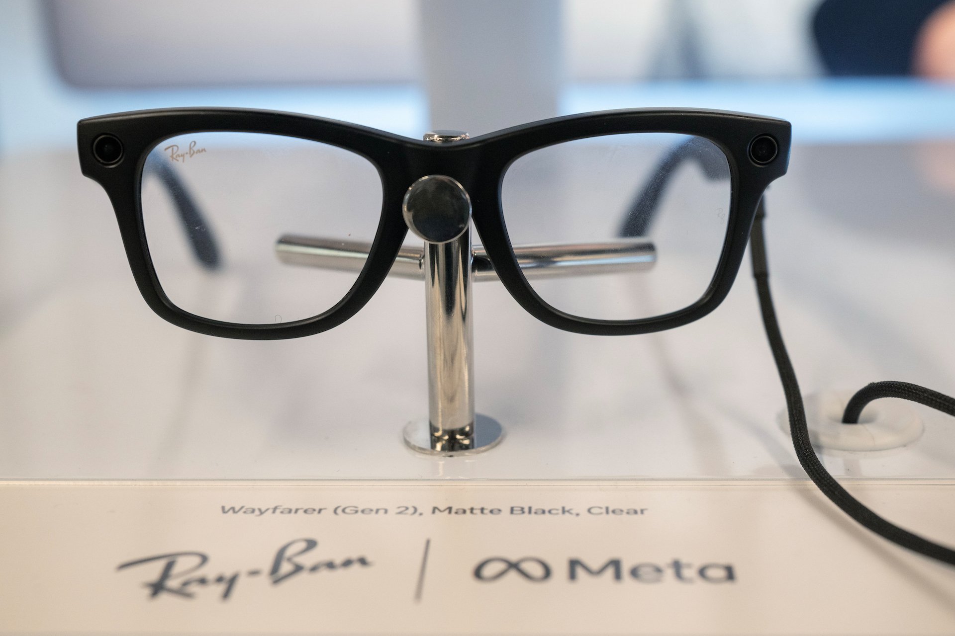 A pair of Meta AI glasses in a retail store.