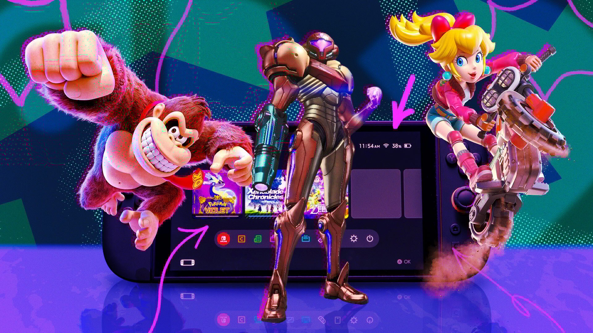 A Nintendo Switch 2 console with imagery from various games in front of it, such as Metroid Prime 4 and Donkey Kong Bananza