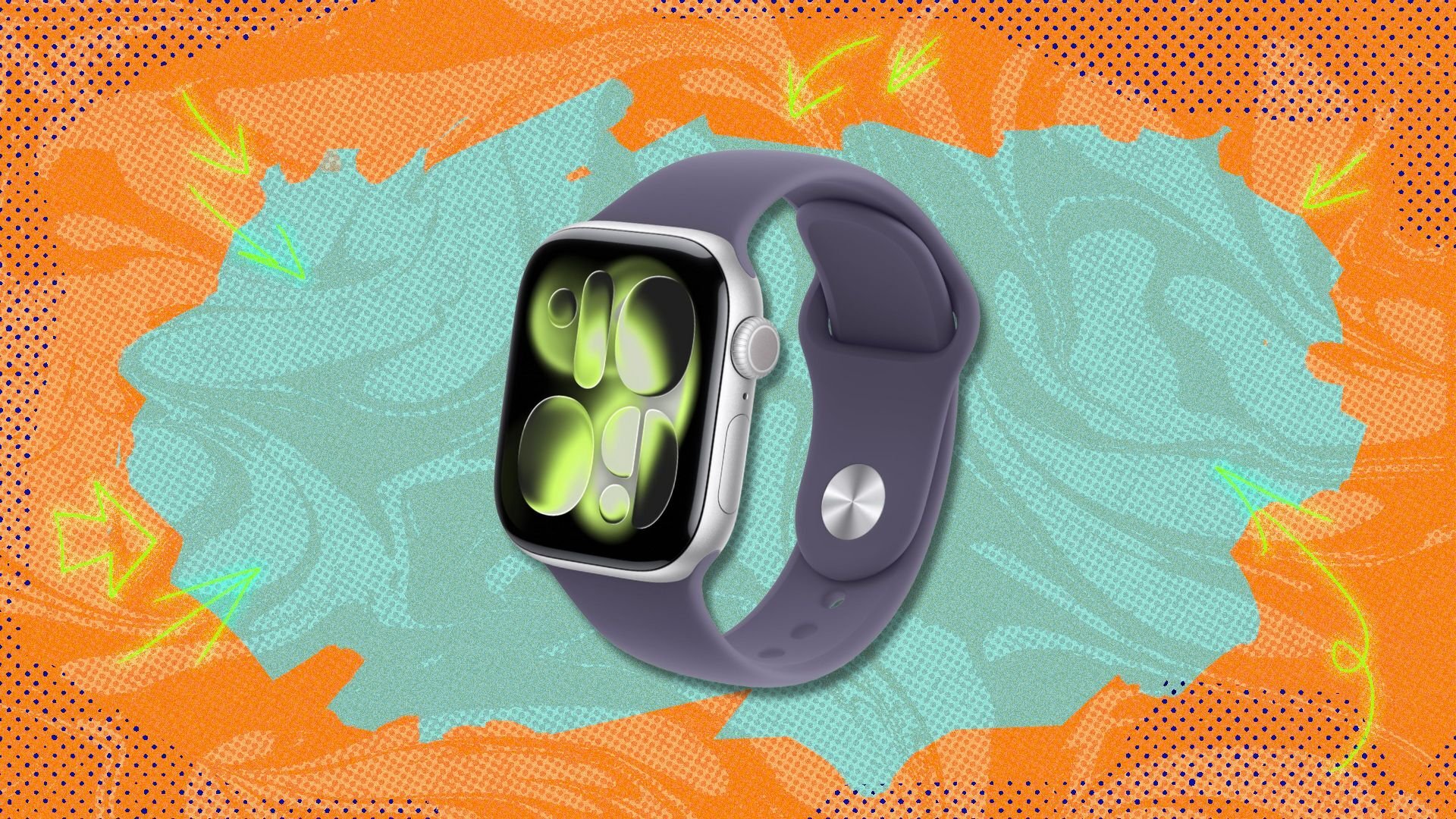 apple watch series 11 against an orange and blue patterned background