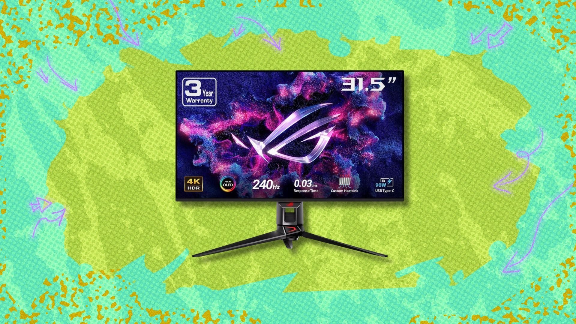 asus rog swift 32-inch 4k oled gaming monitor against a green patterned background