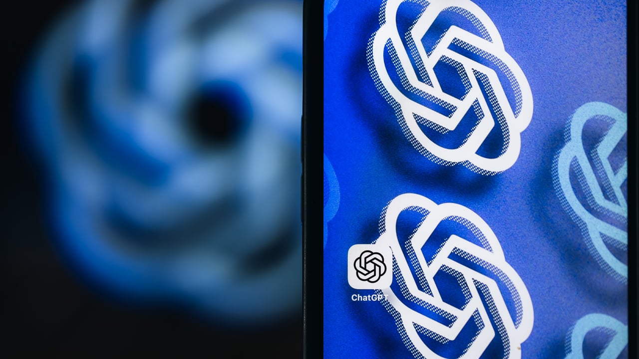 A phone shows the ChatGPT app logo. The home screen background is repeating ChatGPT logos.