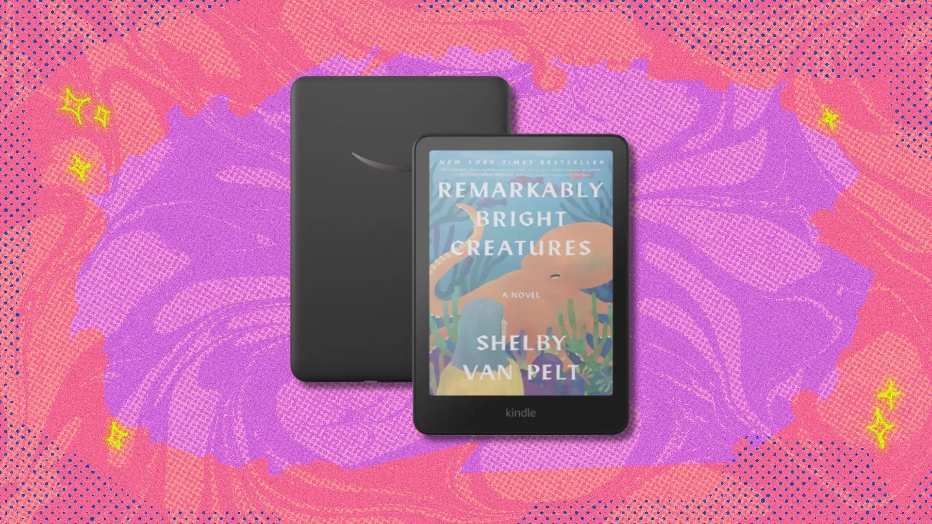 the Amazon Kindle Colorsoft on a pink and coral-colored background