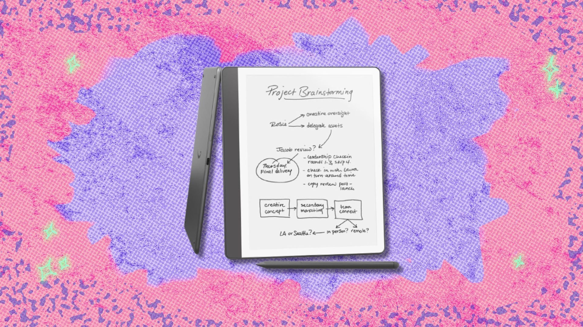 the amazon kindle scribe with included pen on a pink and purple background