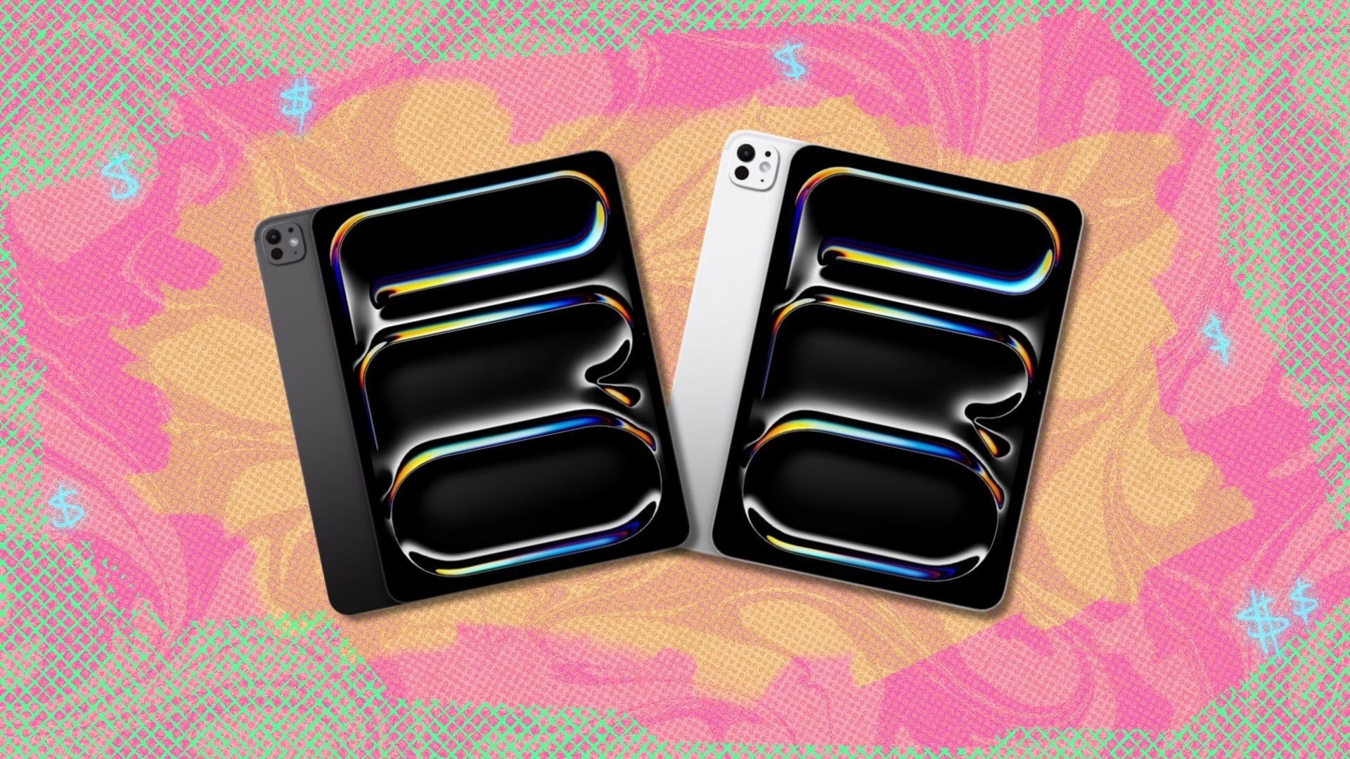 the Apple iPad Pro (M5) on an orange, pink, and brown background