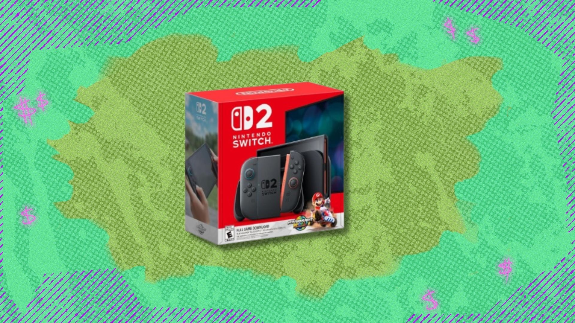 the  Nintendo Switch 2 Mario Kart World bundle box on a green background