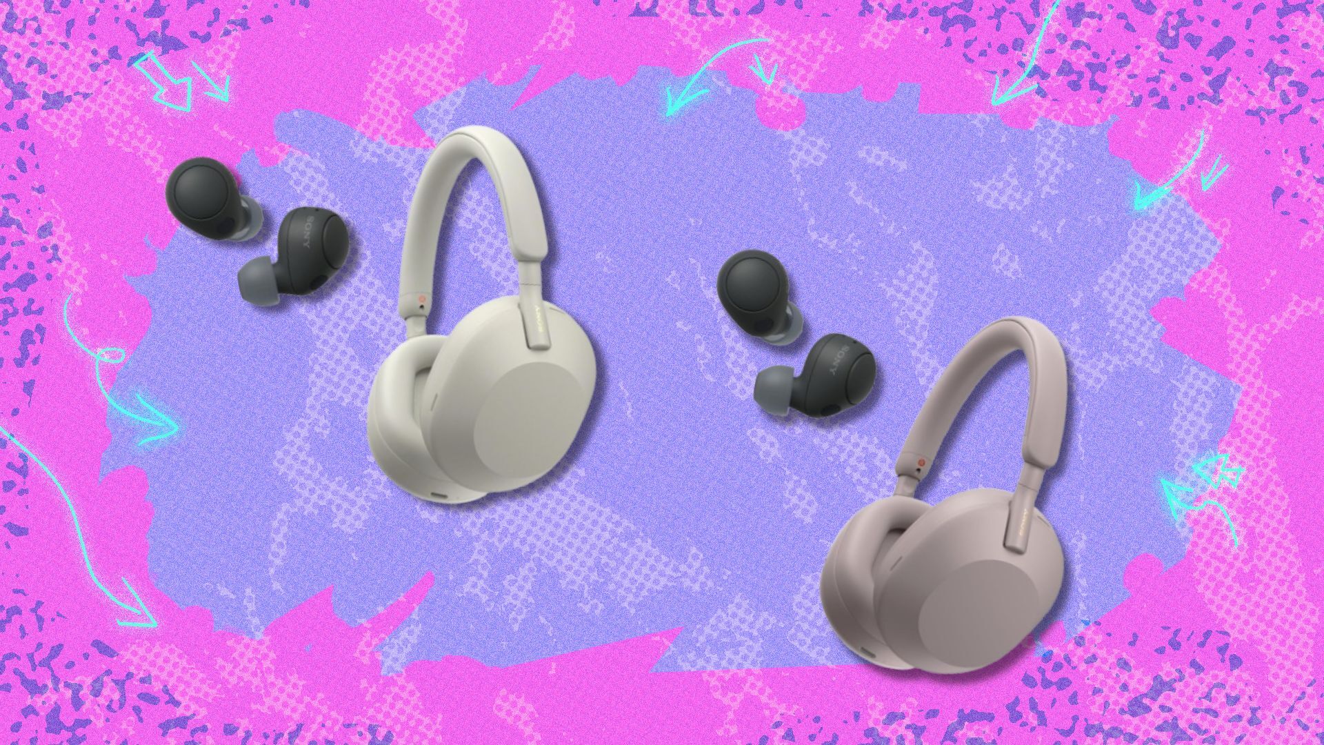 Sony WH-1000XM5 Premium Noise Canceling Headphones with sony WF-C700N earbuds in a pink and purple background