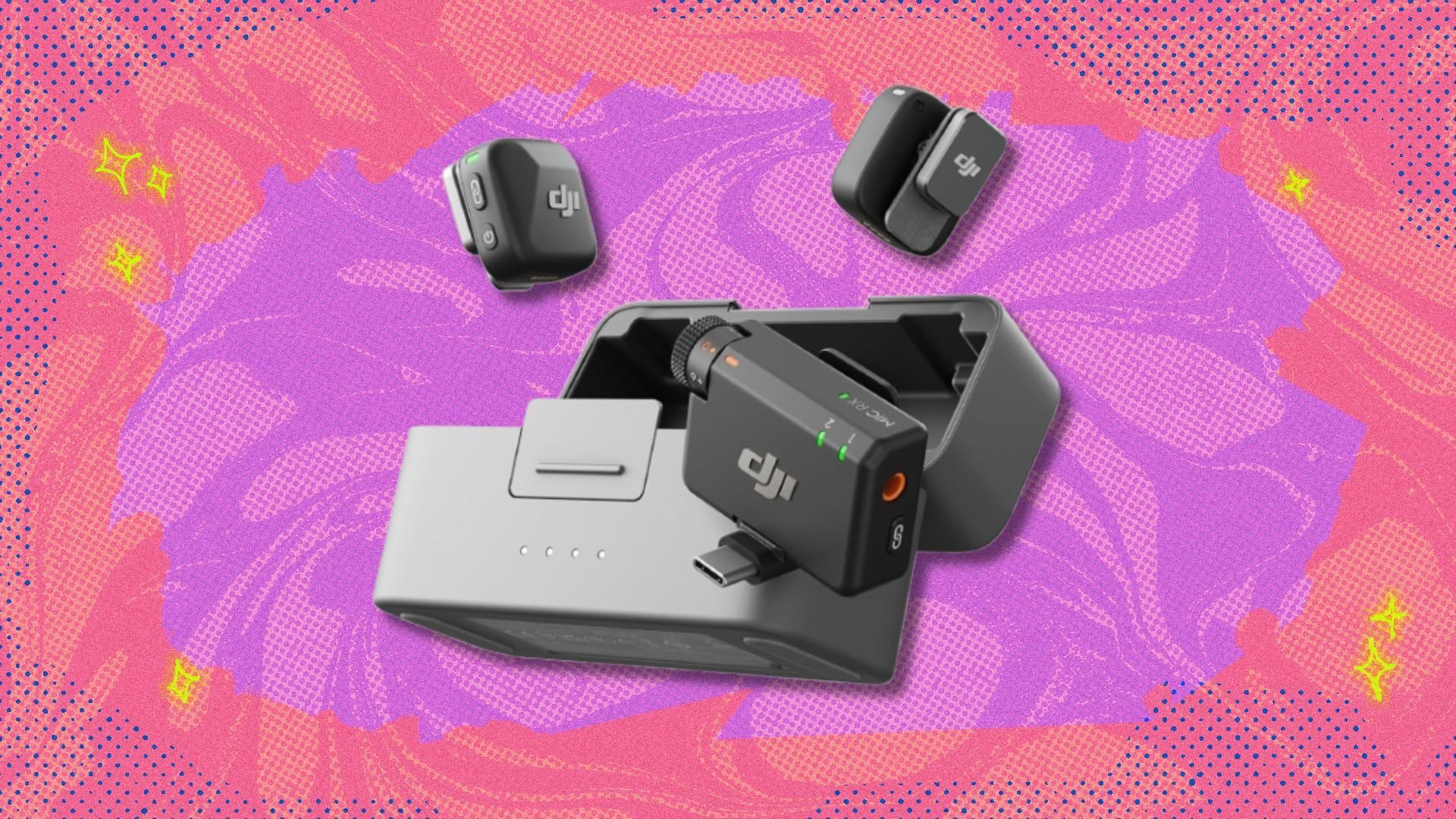 the DJI Mic mini on a pink and coral-colored background