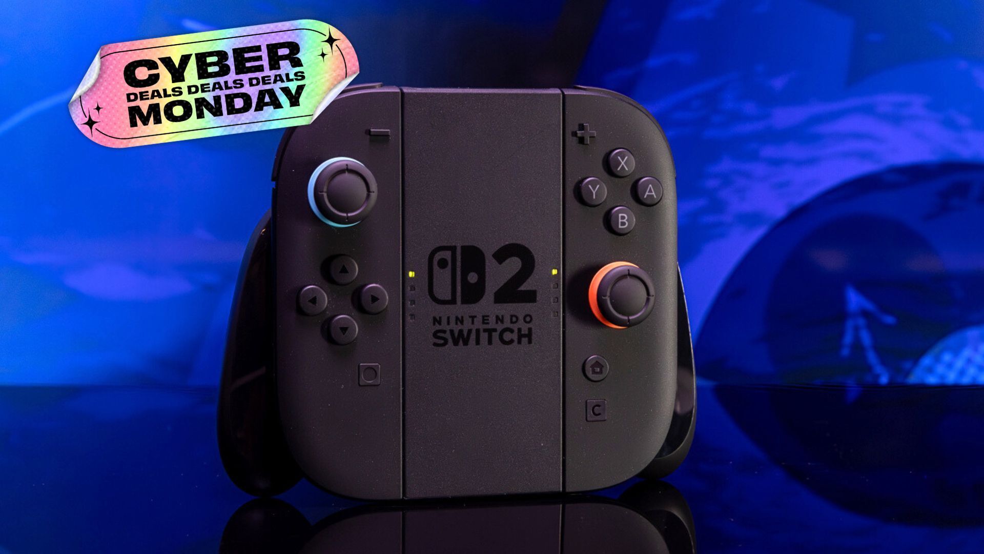 the nintendo switch 2 on a blue background that indicates cyber monday