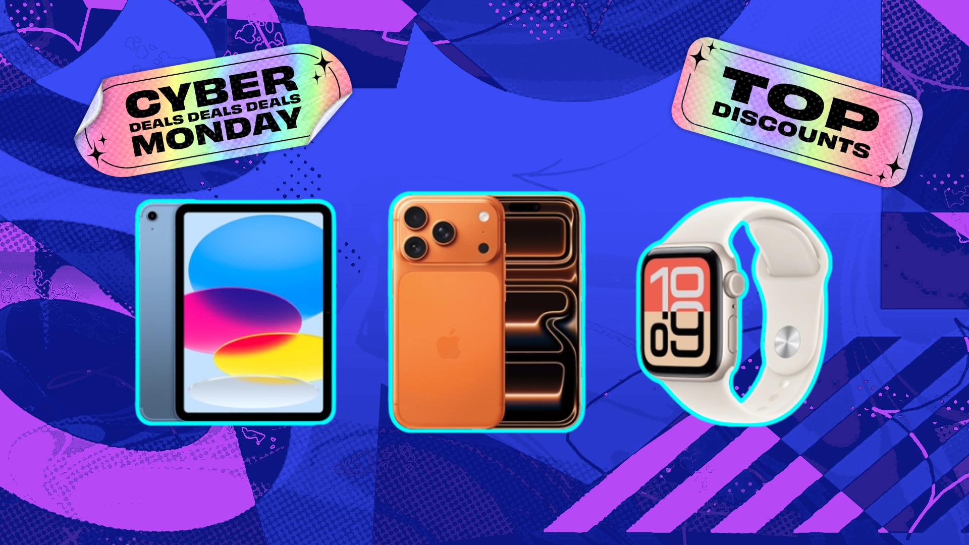 The A16 iPad, an orange iPhone 17 Pro, and an Apple Watch SE 3 on a blue and pink background.