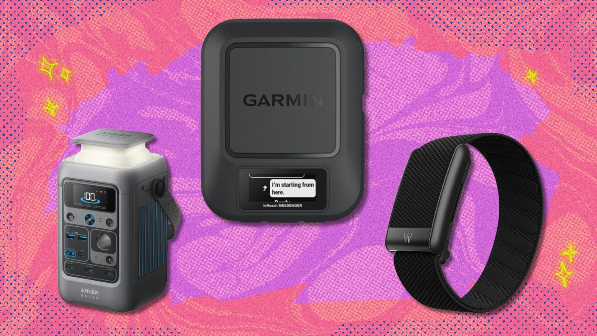 the anker solix c300, the garmin inreach messenger, and the whoop fitness tracker on a pink background