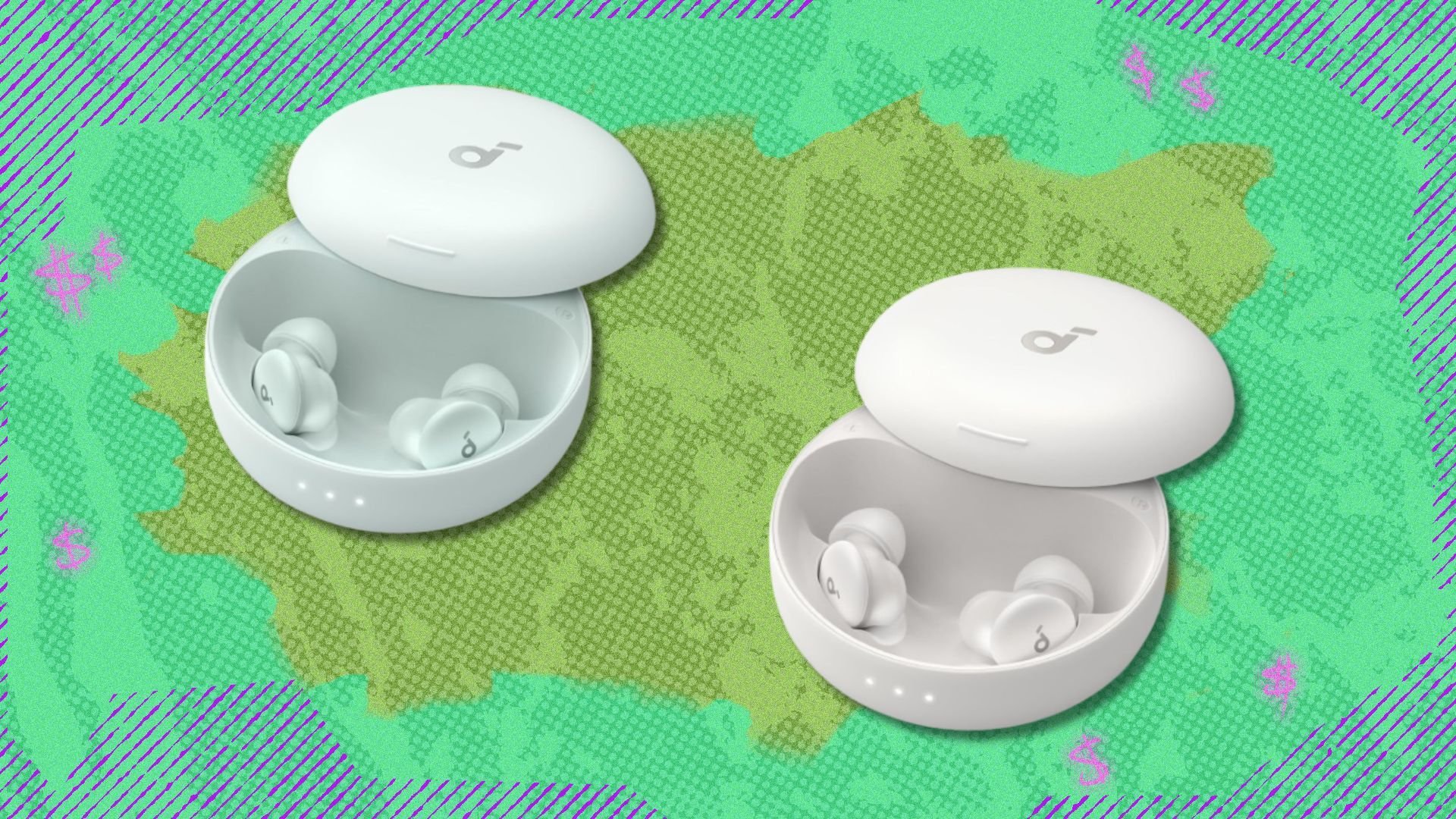 the anker soundcore sleep a30 earbuds on a green background