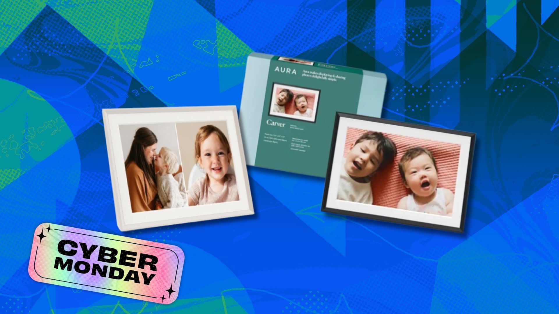 the aura carver digital picture frame on a blue cyber monday background