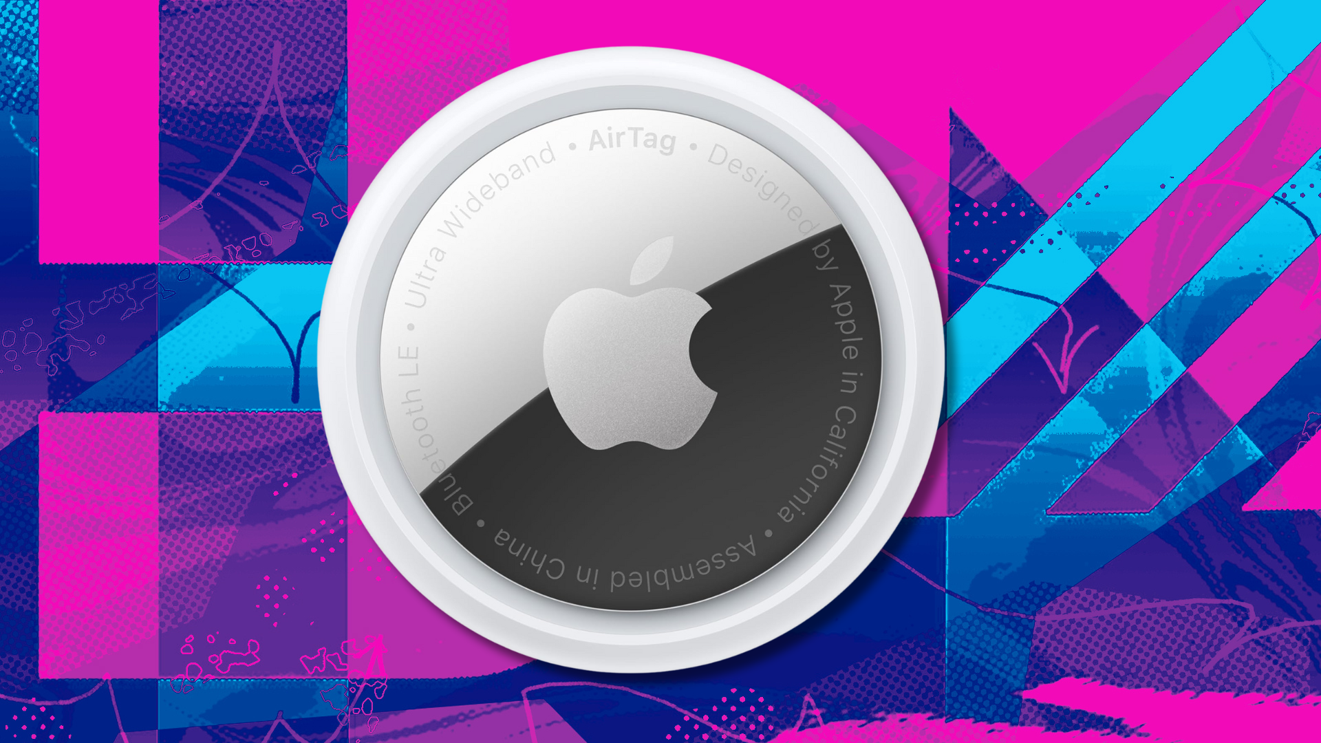 Apple AirTag on colorful background