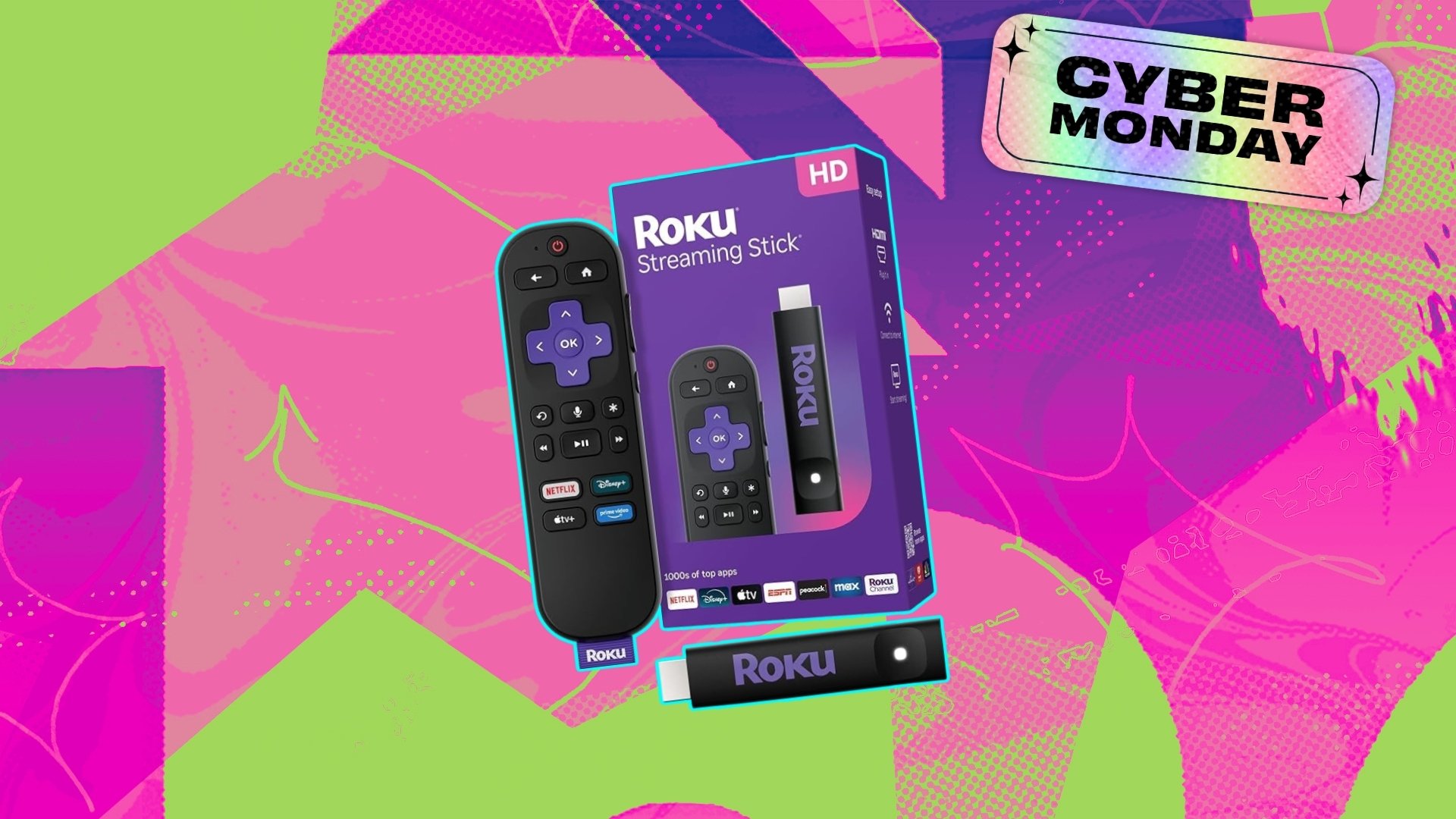 Roku streaming stick on Cyber Monday background