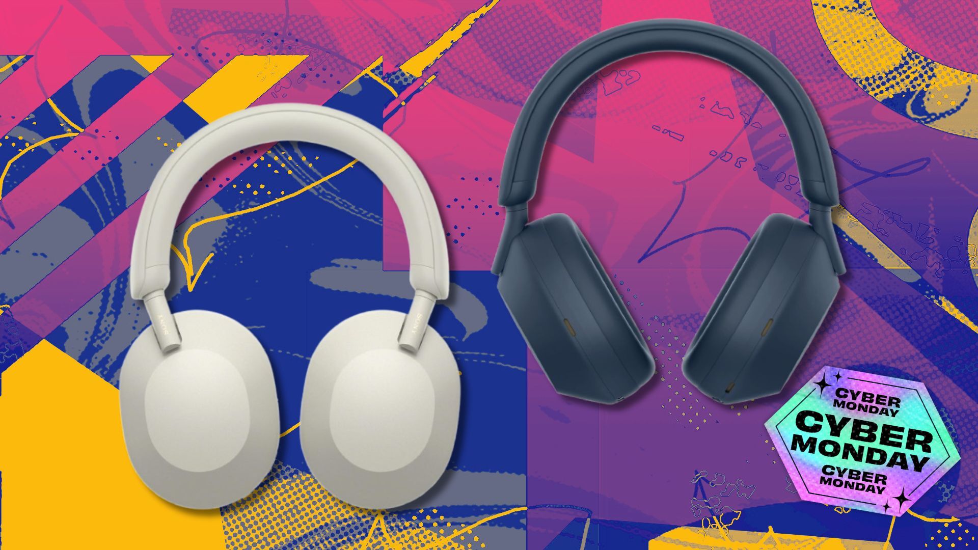 two pairs of Sony WH-1000XM5 headphones on a yellow, blue, and pink cyber monday background