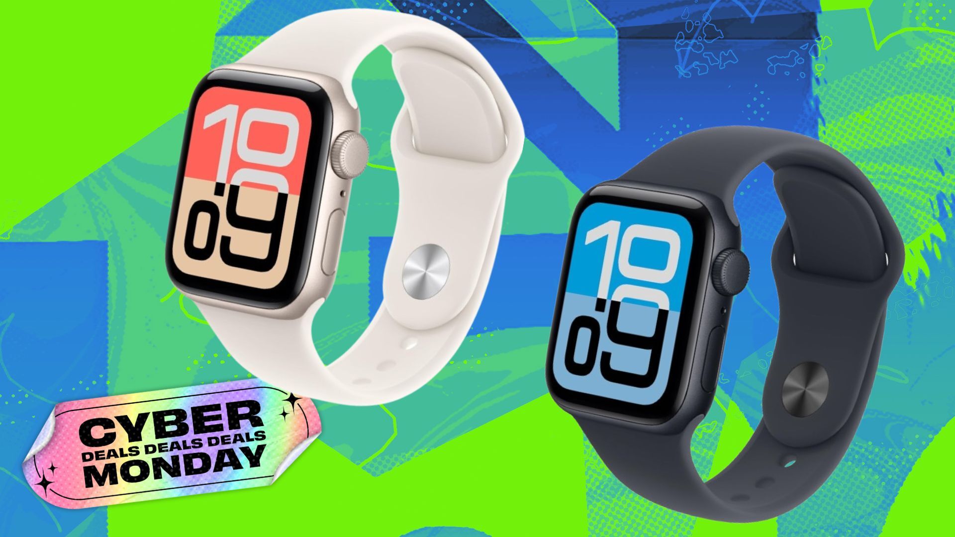 the apple watch se 3 on a blue and green cyber monday background