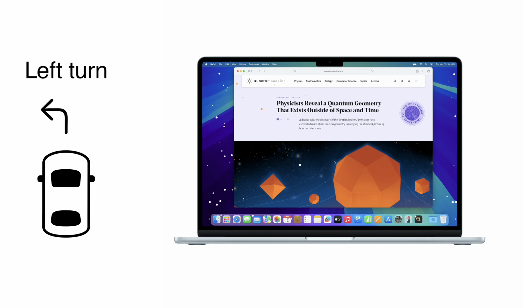 A MacBook screen shows an open browser window with small white dots along the screen's edge. 