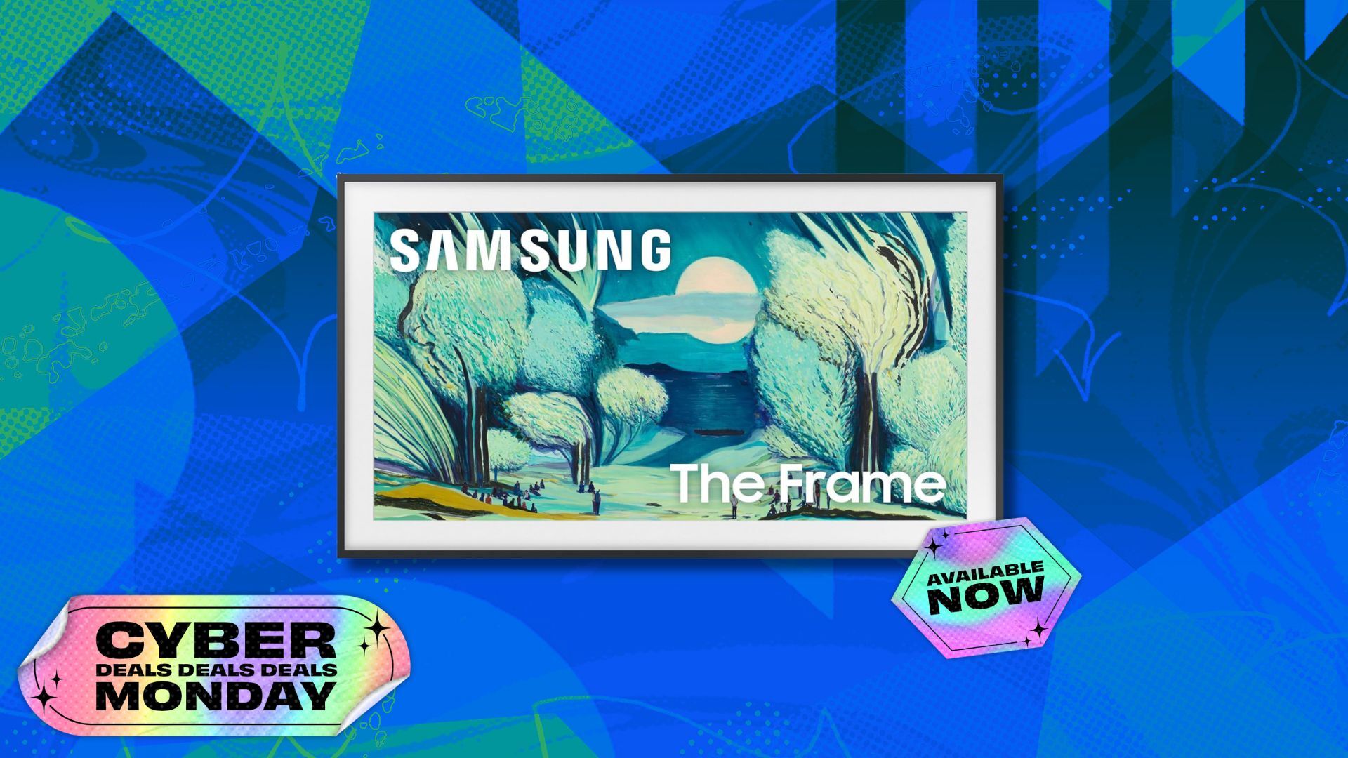 samsung the frame tv with overlays that read 'available now' and 'cyber monday deals'