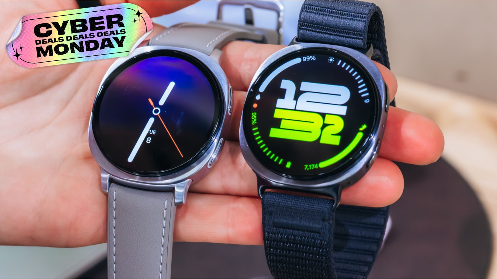 two galaxy watch 8 smartwatches held in hand with sticker that reads 'cyber monday deals'