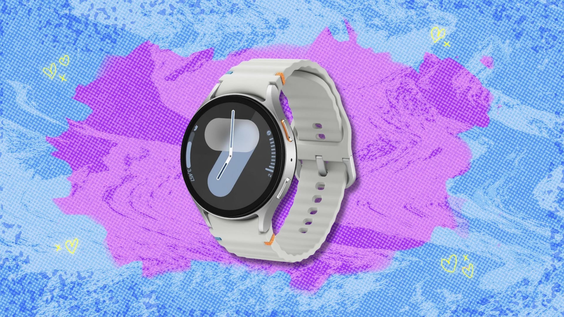 samsung galaxy watch 7 against a blue and purple patterned background