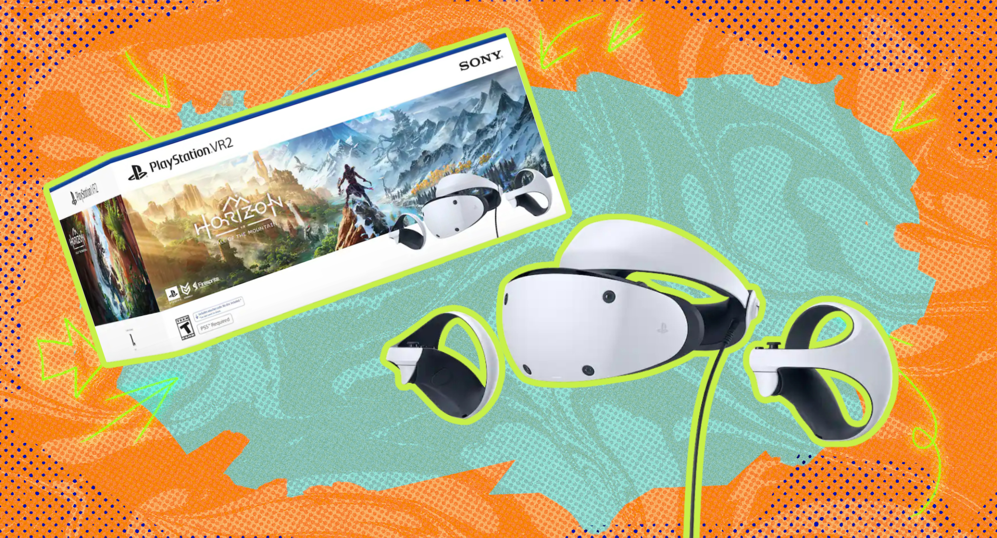 Playstation VR2 horizon call of the mountain bundle against an orange and green background. 