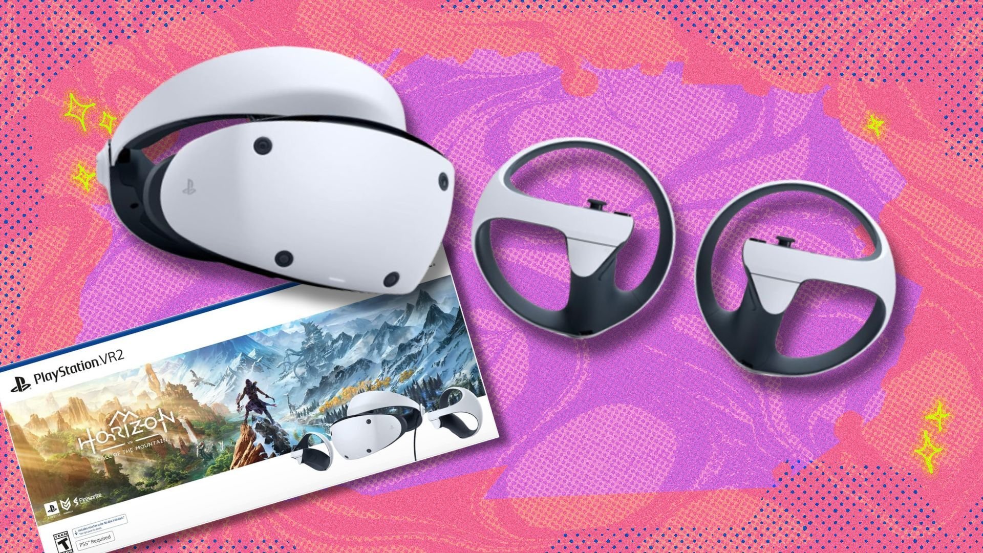 the PlayStation VR2 Horizon Call of The Mountain Bundle with box on a pink and coral-colored background