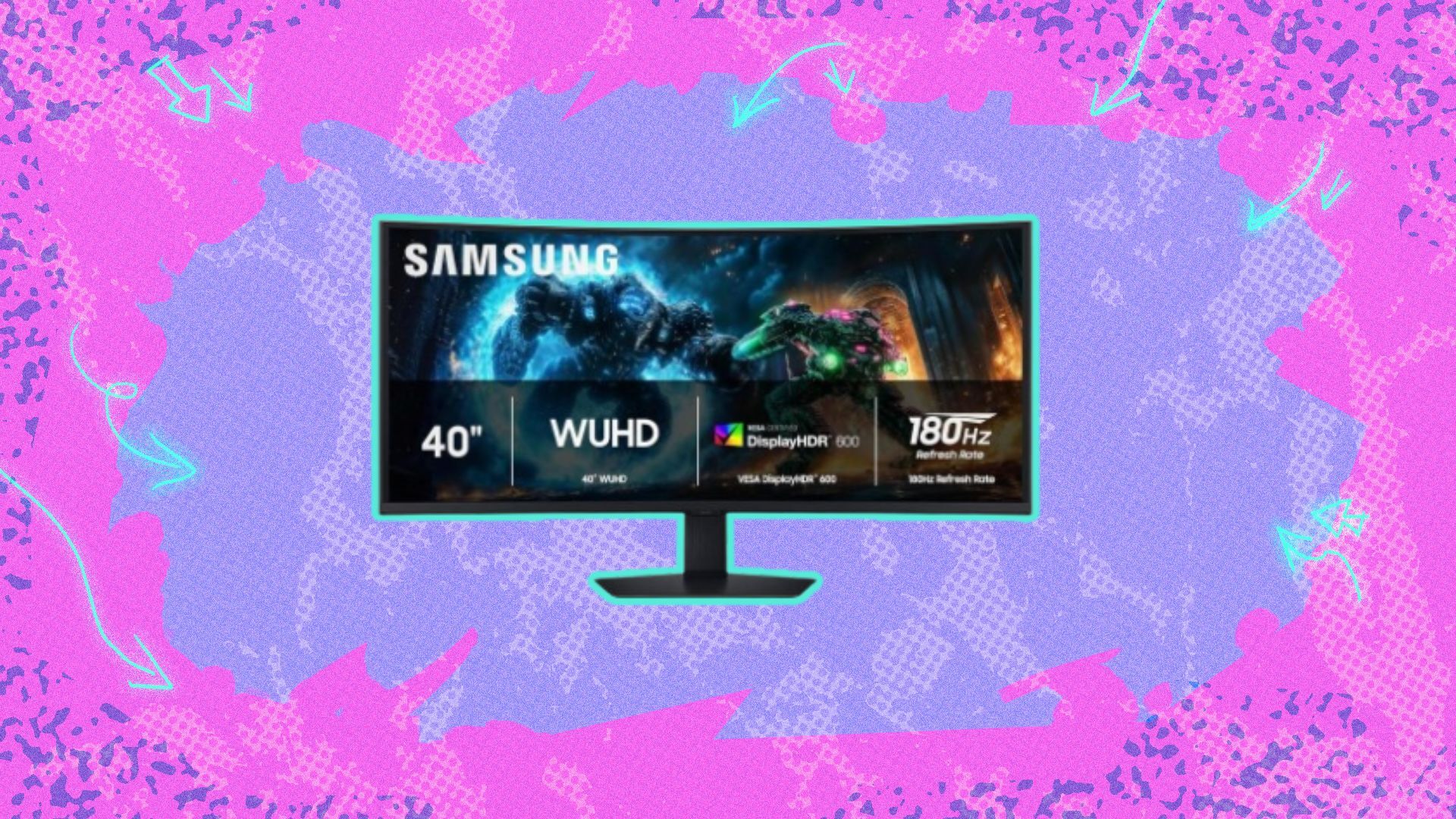 a curved samsung gaming monitor on a pink and purple background