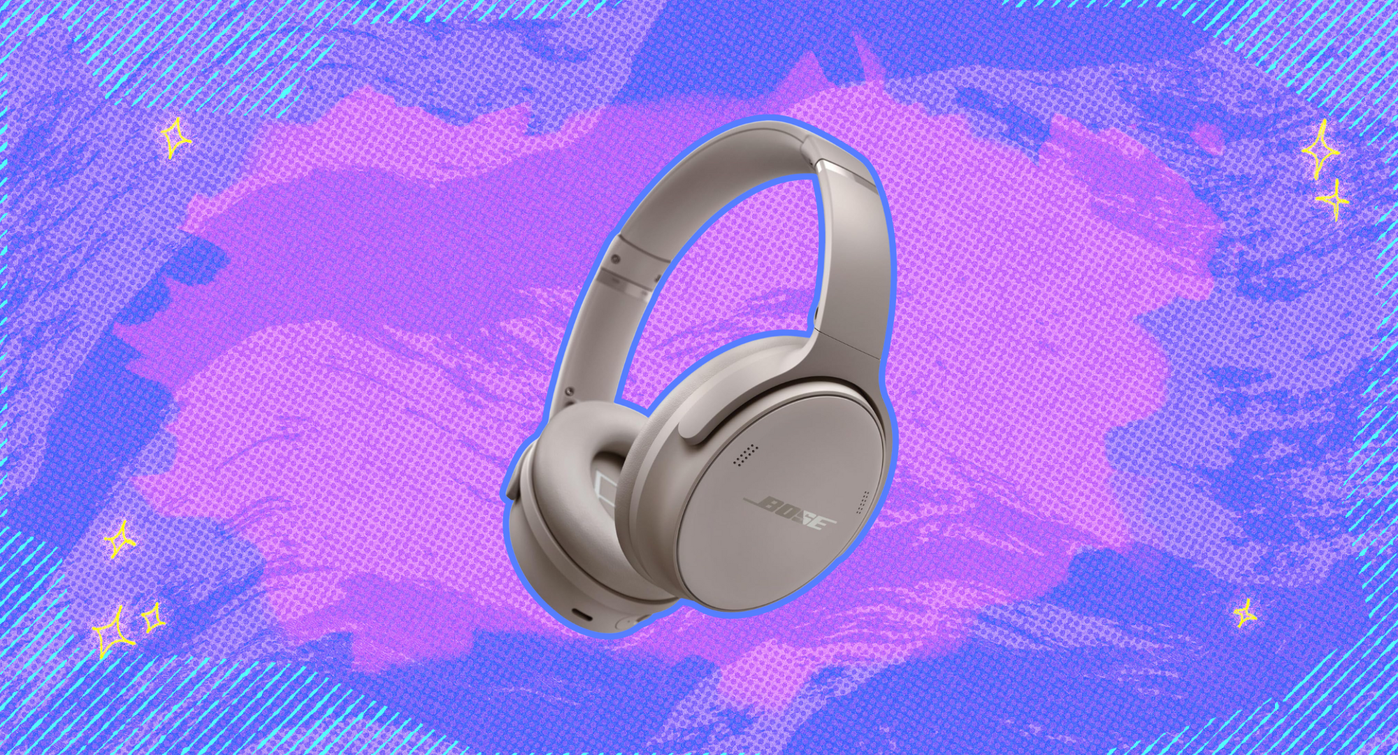 Bose QuietComfort headphones against a purple and pink background. 