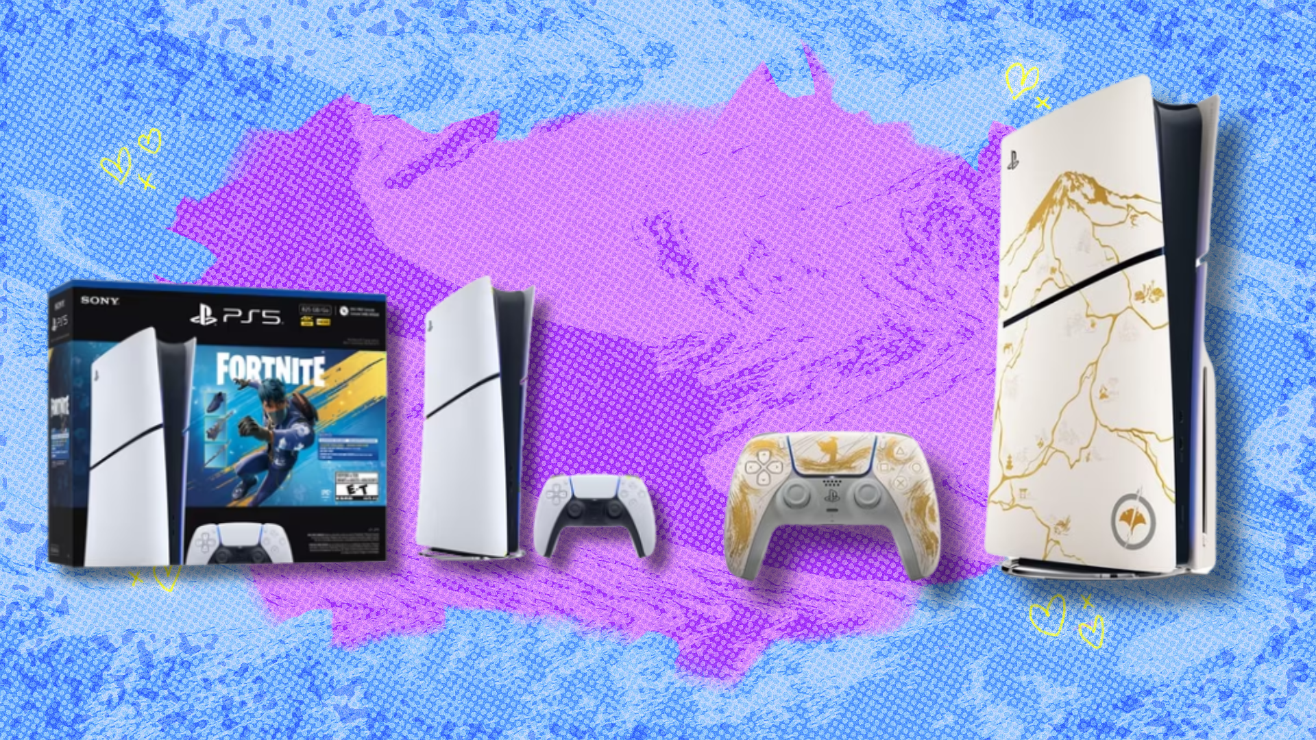 PS5 console bundles on colorful abstract background