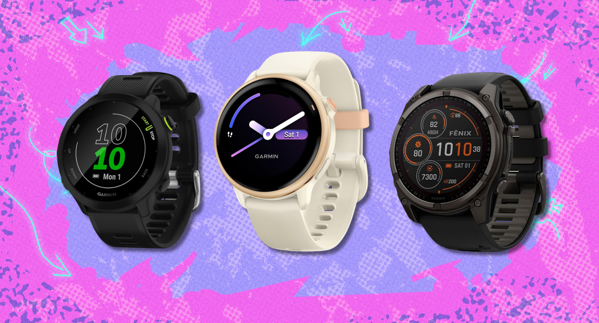Three garmin running watches against a purple and pink background.
