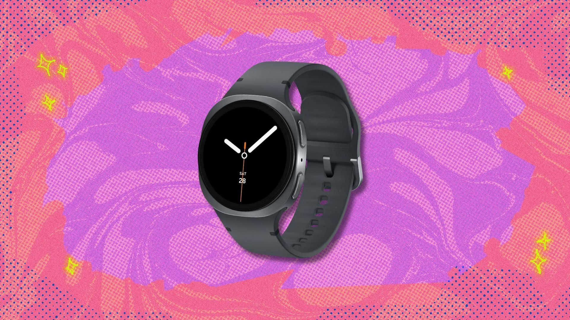 samsung galaxy watch 8 against a pink and purple patterned background