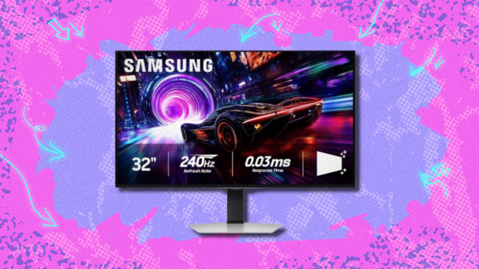 Samsung Odyssey G8 gaming monitor with purple and pink background