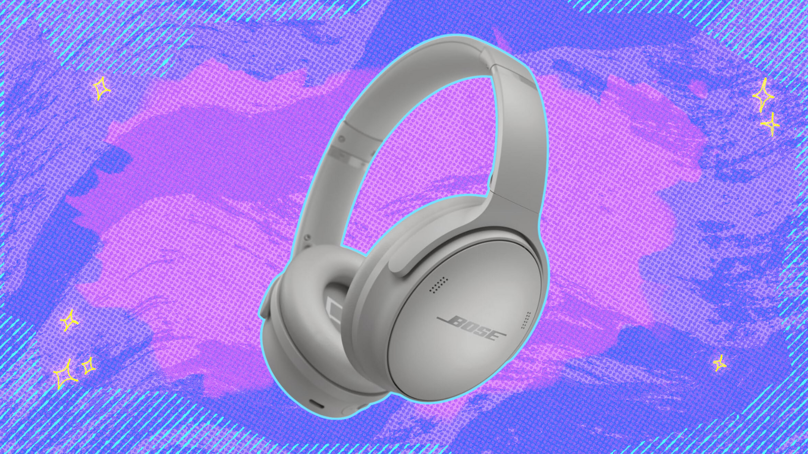 bose quietcomfort headphones against a purple and pink background