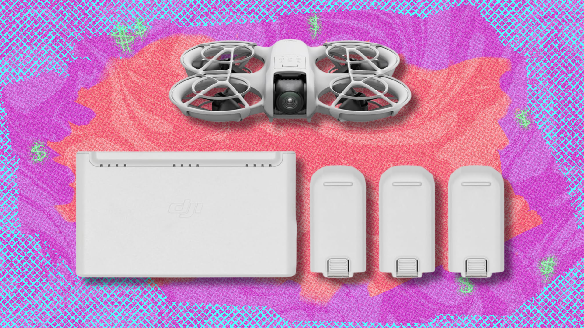 DJI Neo three-battery combo on pink and purple abstract background