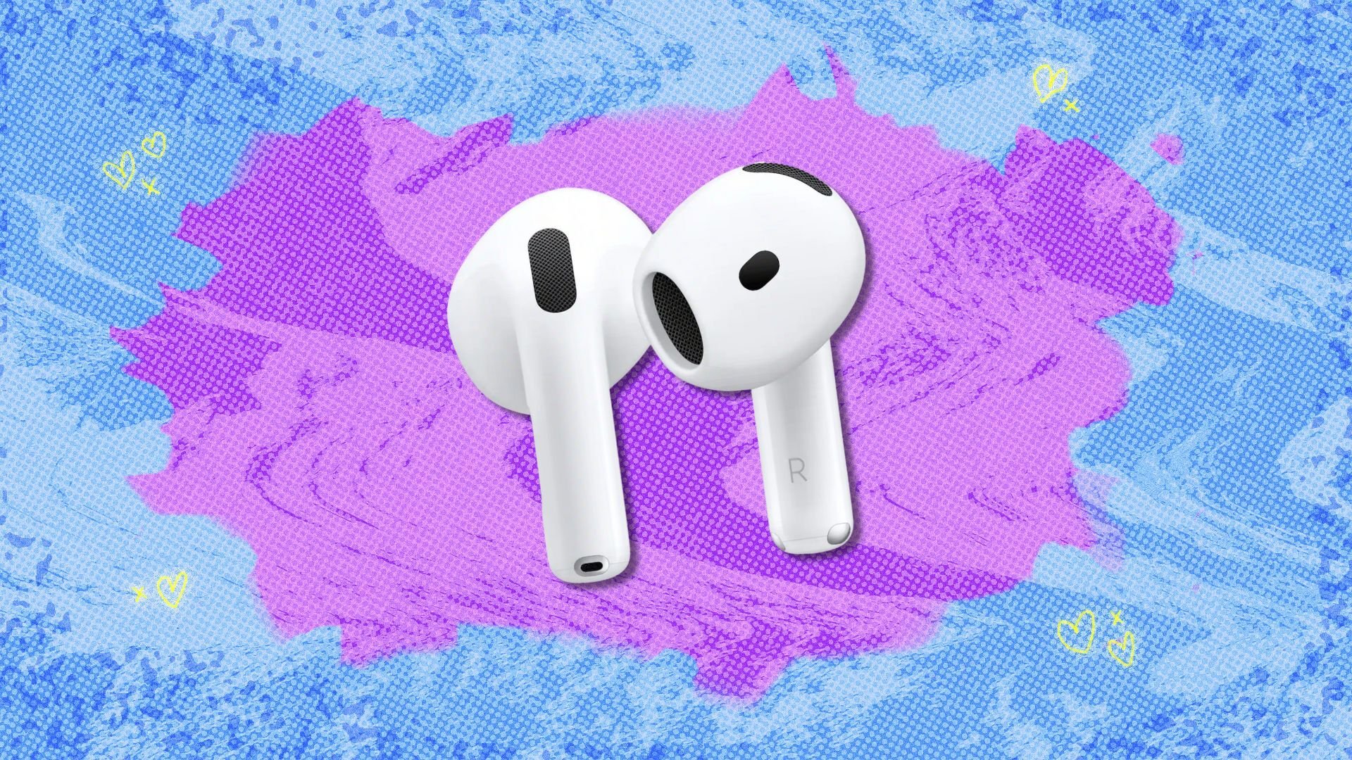 apple airpods 4 against a blue and purple patterned background