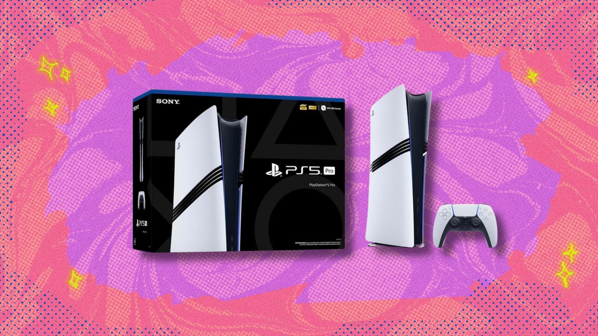 playstation 5 pro box and console against a pink and purple patterned background