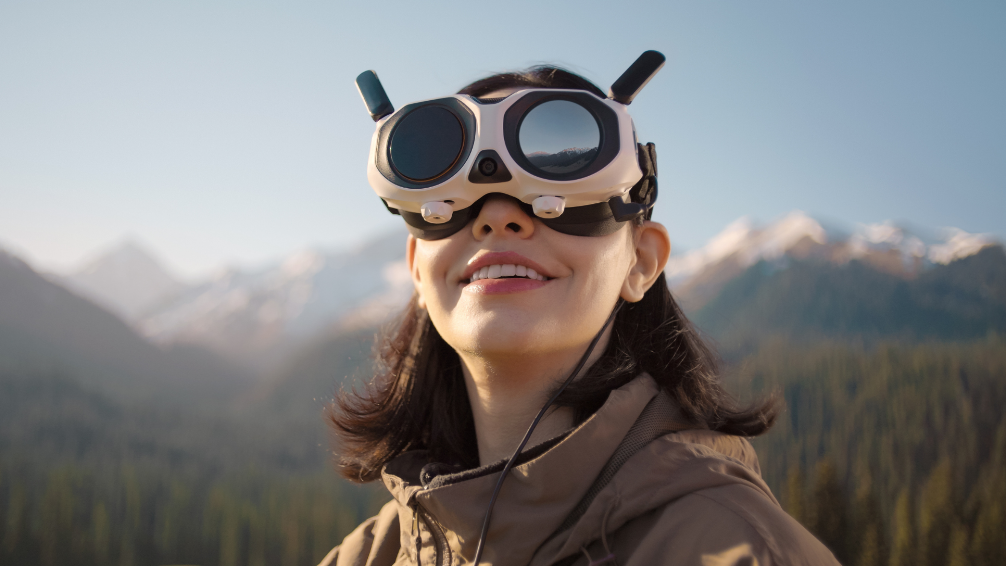A woman wearing the Antigravity A1 drone's Vision goggles.