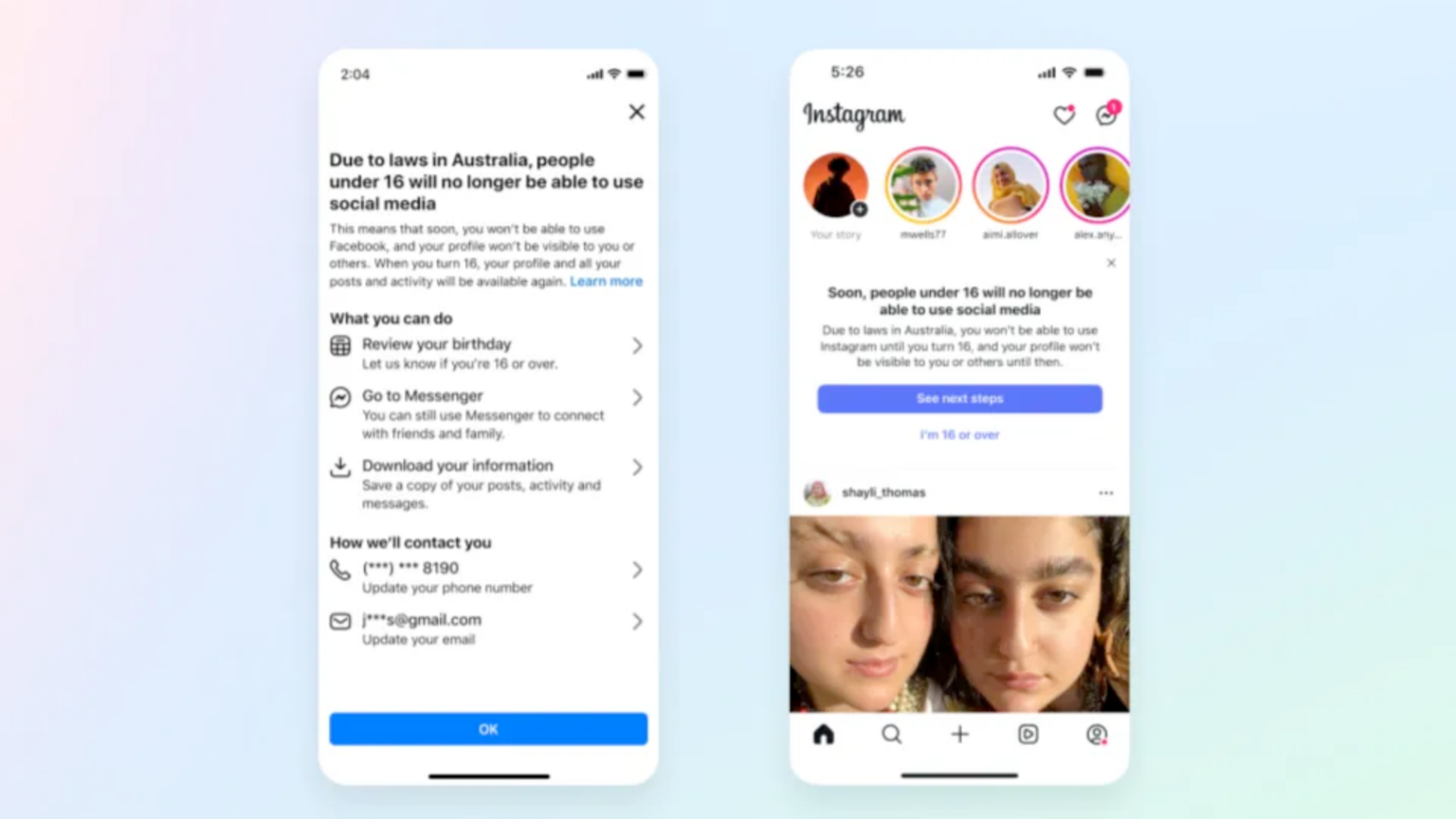 Two screenshots of Meta's notifications to Australian users under 16 regarding their access being revoked.