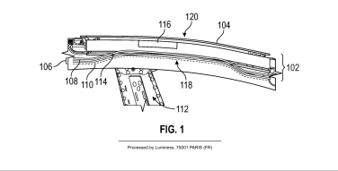 a cross-section line drawing of tesla's patent for a Vehicle Roof Assembly with Integrated RF Transparency for Electronic Module Consolidation