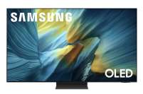 Samsung S95F OLED TV with blue and yellow cavern screensaver