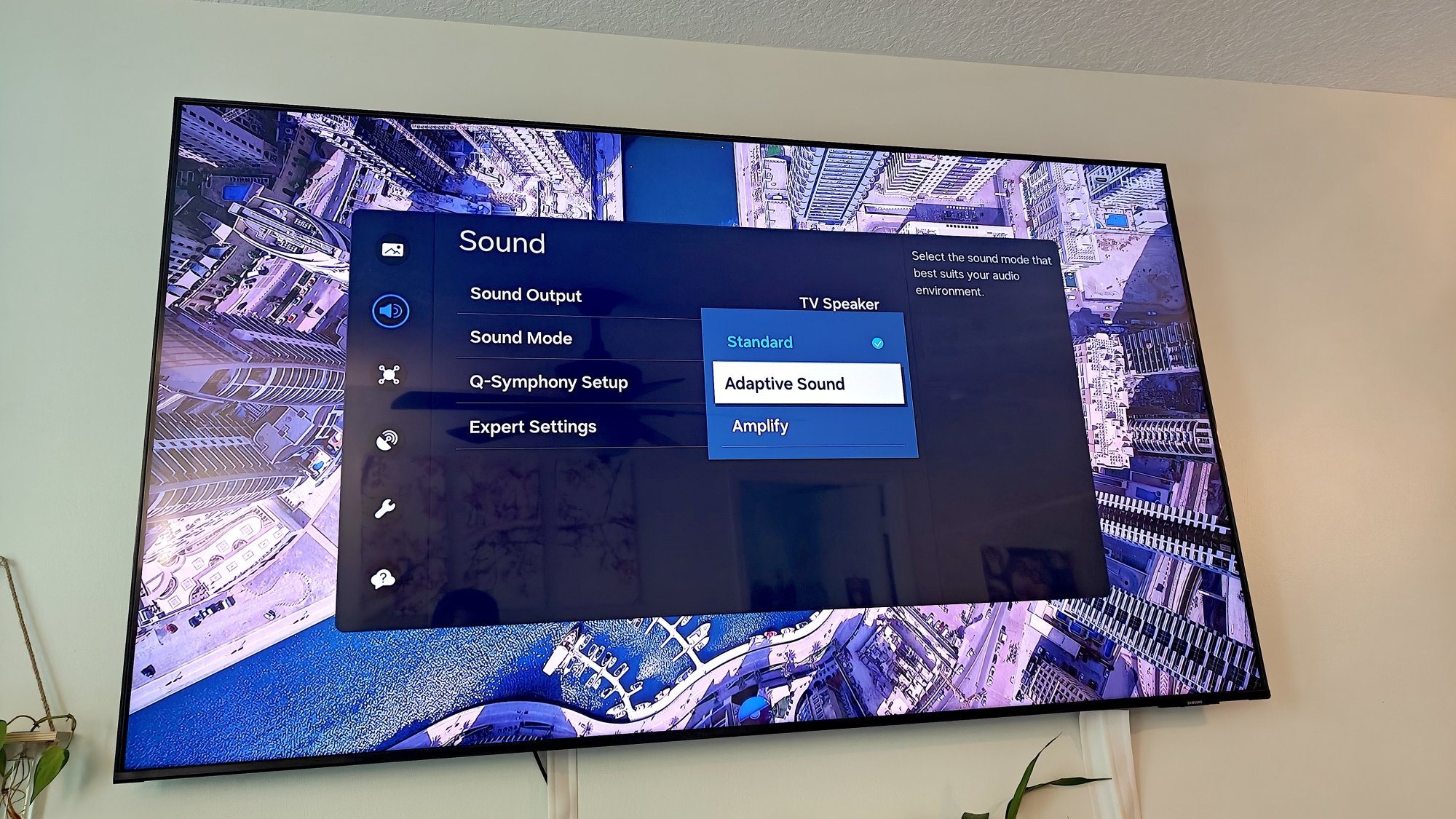 A Samsung TV with the sound modes setting option open