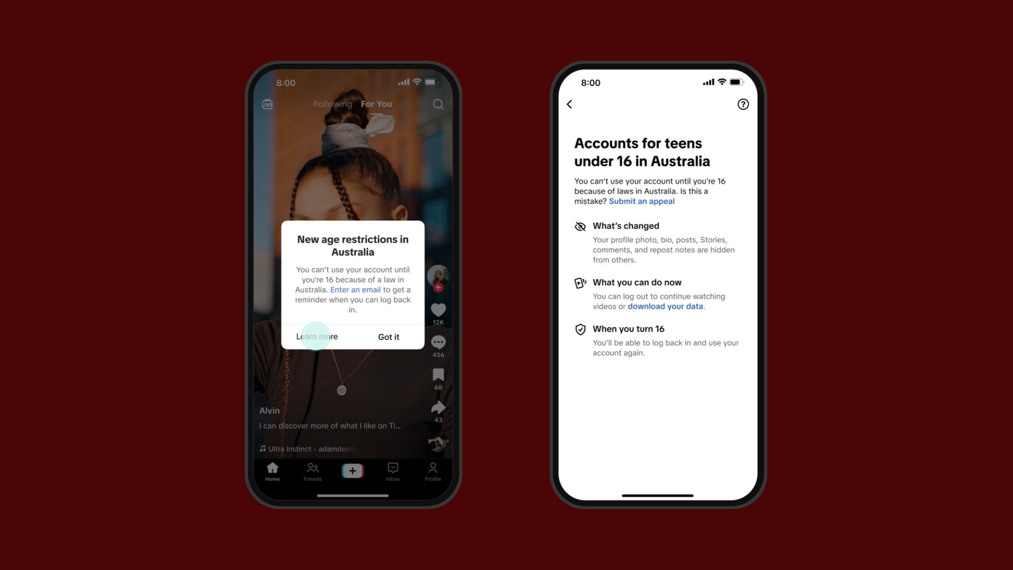 Two screenshots of notifications on TikTok informing users of Australia's ban for users under 16.